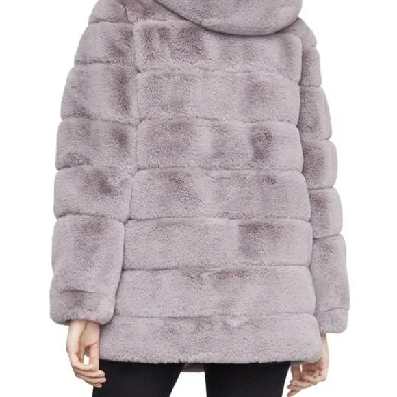 BCBG Felicia Faux Fur Hooded Coat SUPER SOFT Shiny, Caramel, Tan